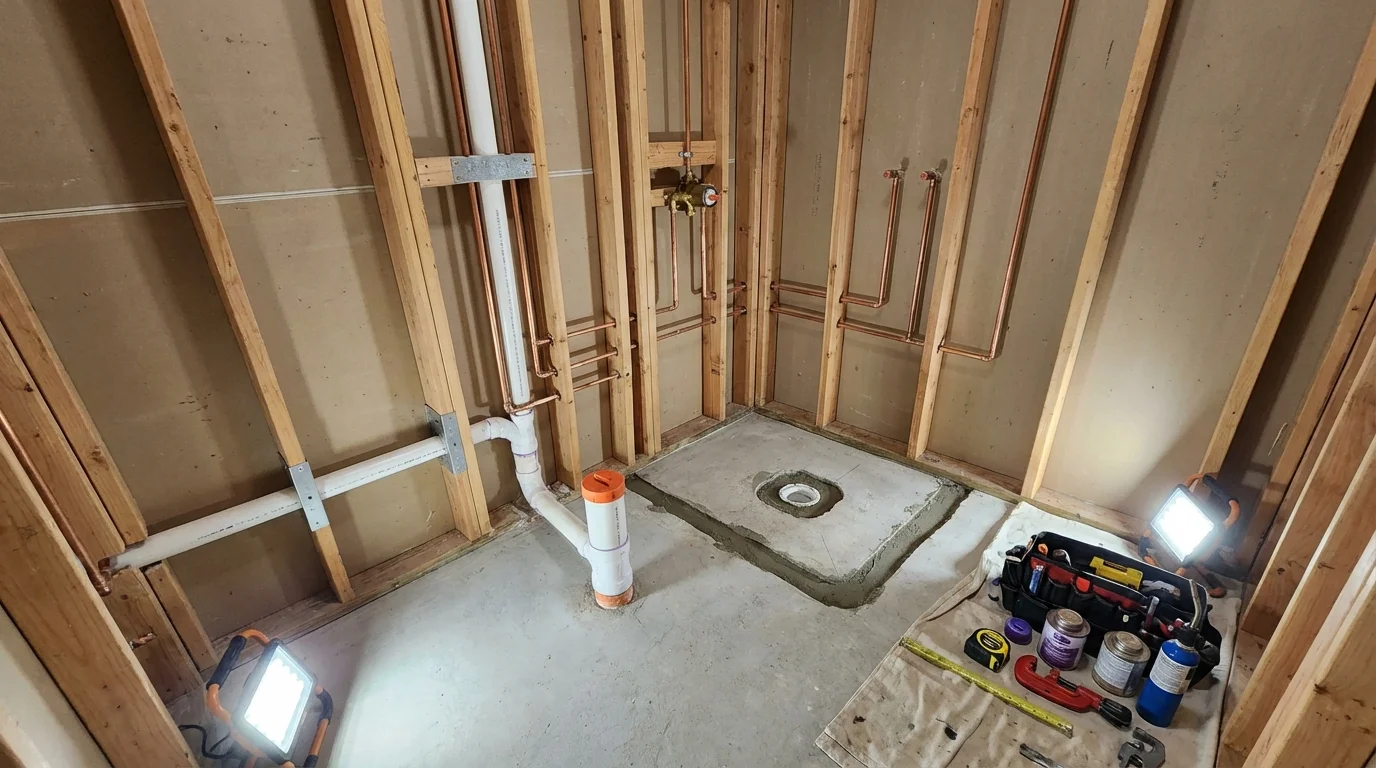 Bathroom rough-in plumbing during remodel by Johns Plumbing LLC in Old Orchard Beach