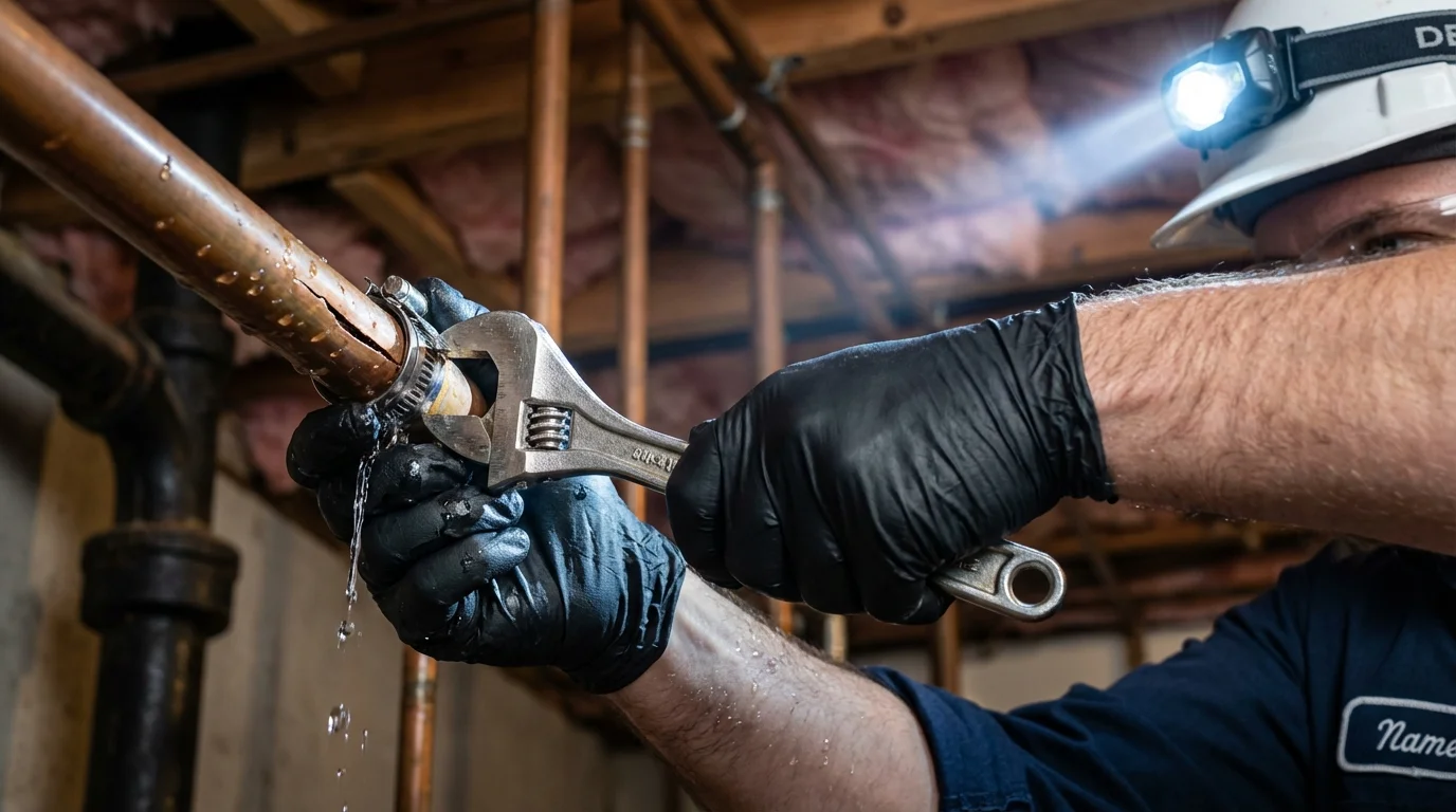 Emergency pipe clamp repair being performed by a Johns Plumbing LLC plumber in Old Orchard Beach