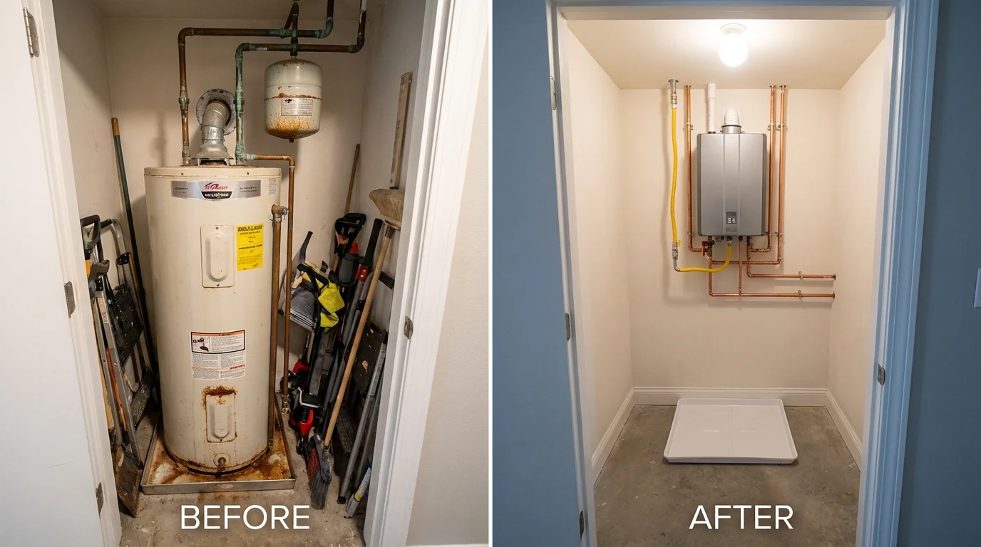 Tank water heater versus wall-mounted tankless unit comparison for Old Orchard Beach, ME homeowners