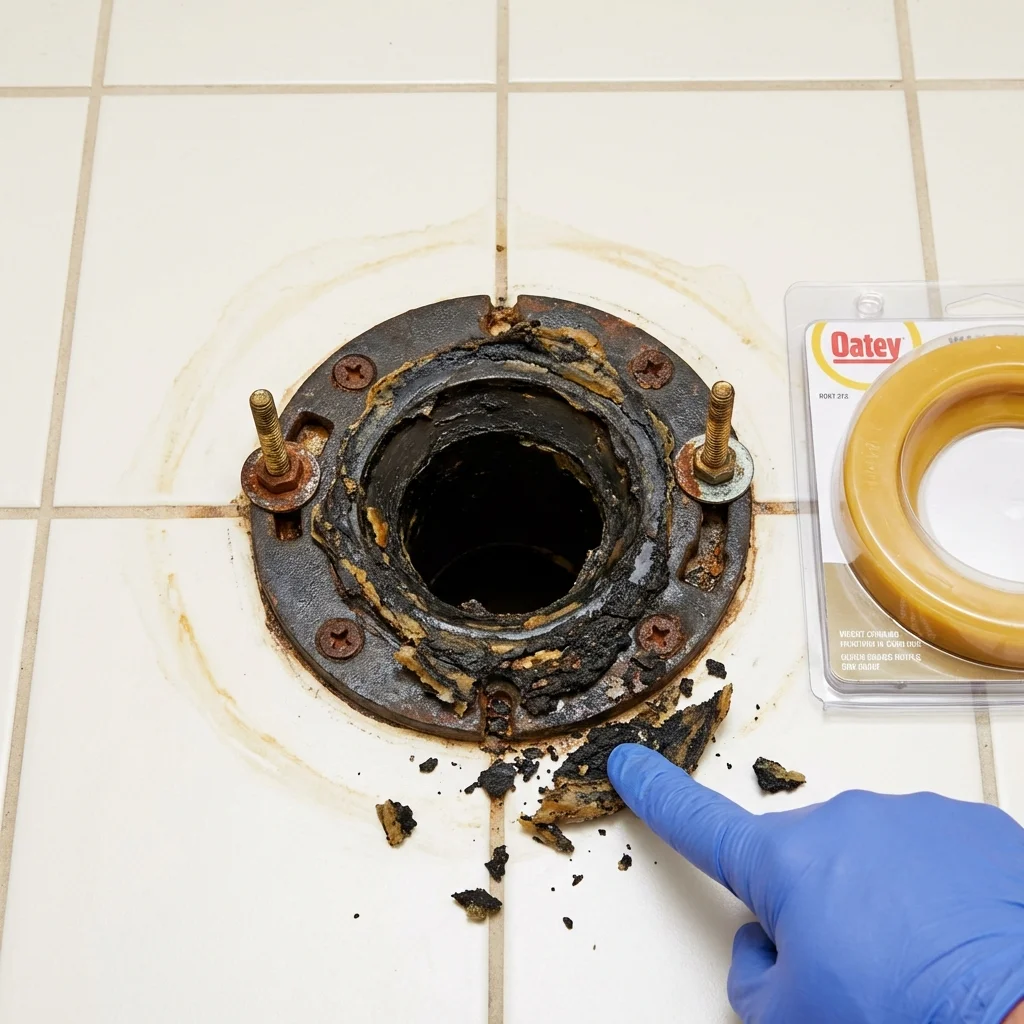 Failed wax ring showing water seepage at the base of a toilet in a Old Orchard Beach, ME home