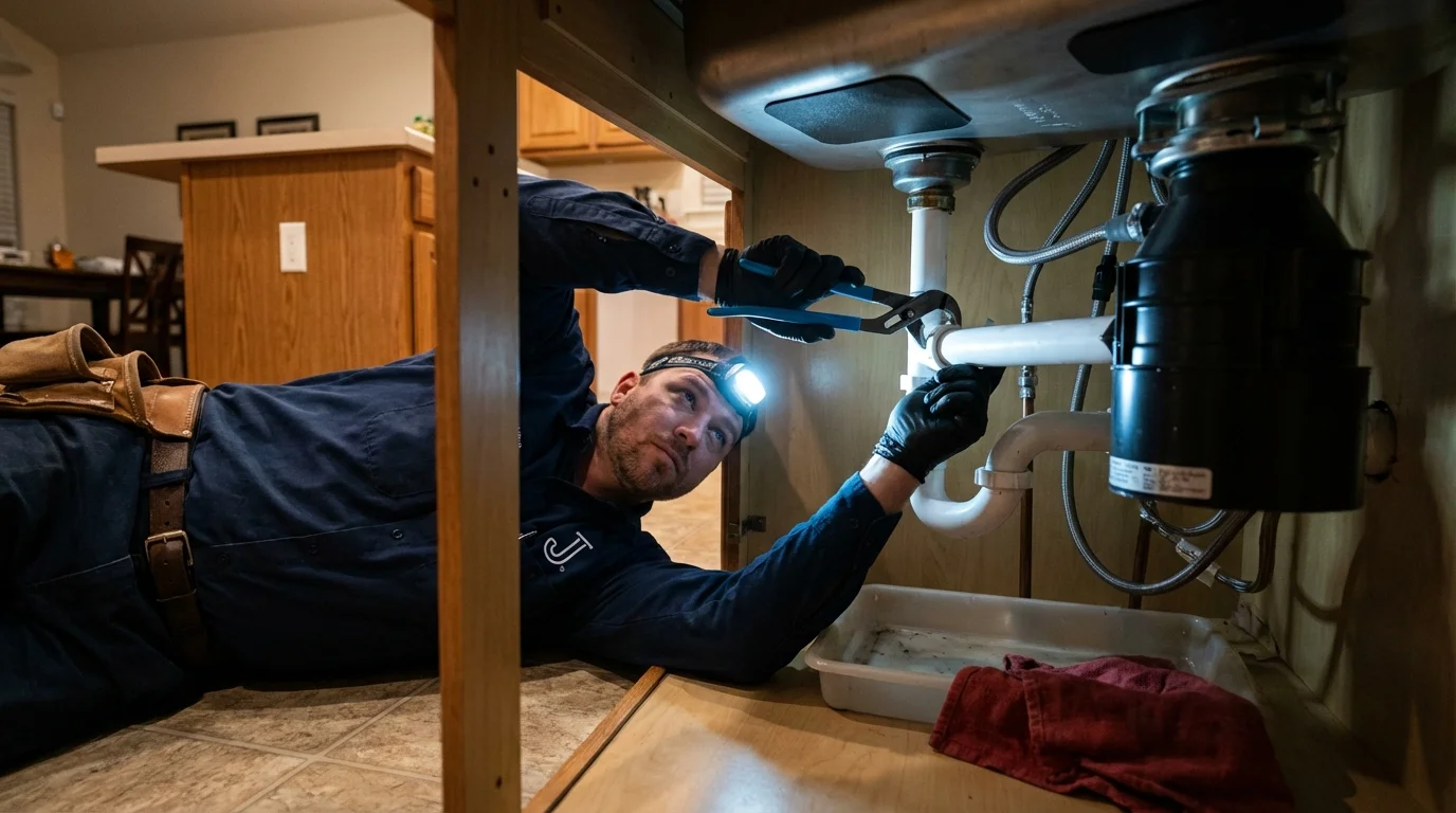 P-trap and supply line connections under a kitchen sink showing a common leak point in Old Orchard Beach, ME